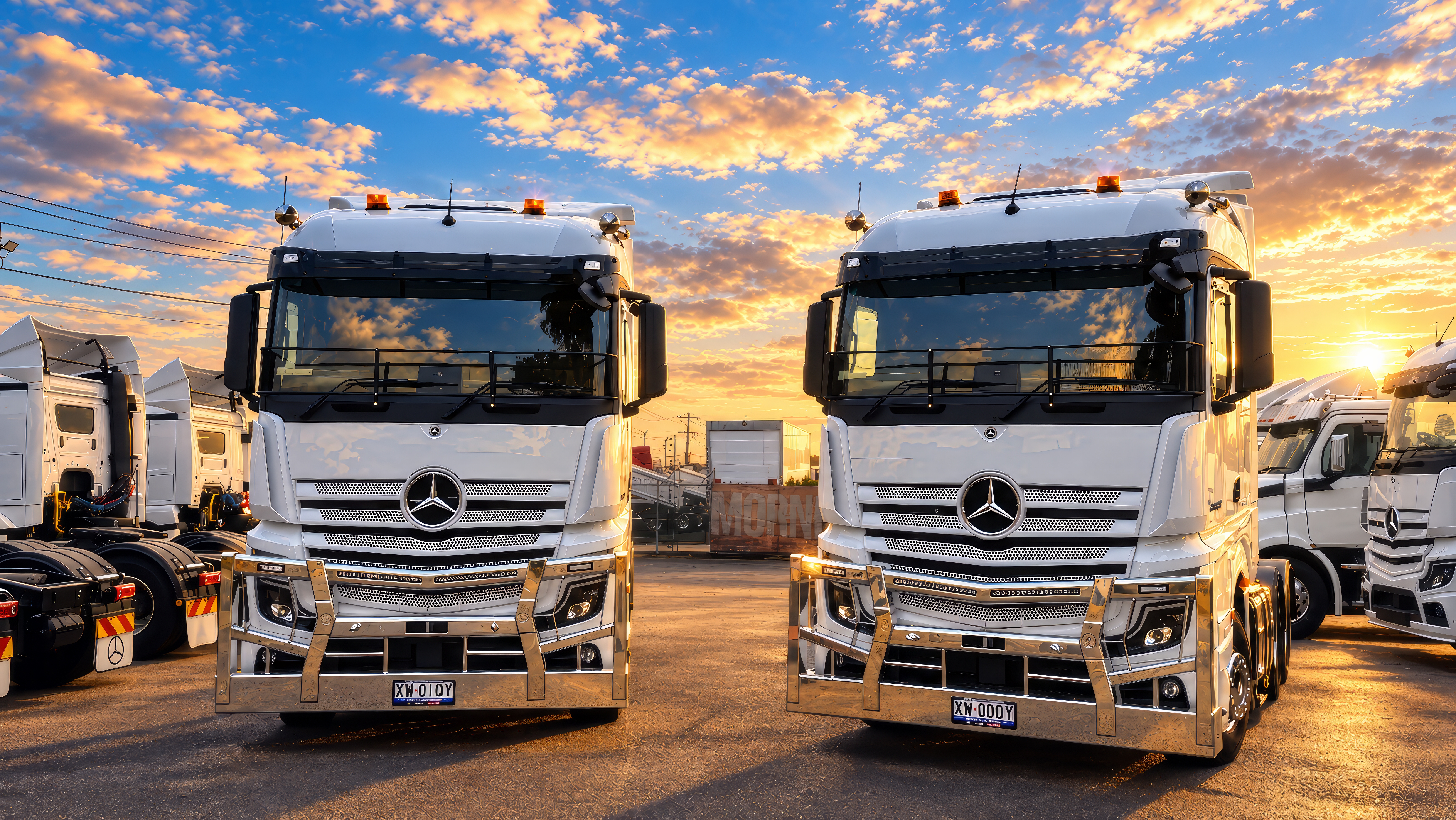 Two white Mercedes trucks in the yard, edited with blue sky and golden sunset light.
