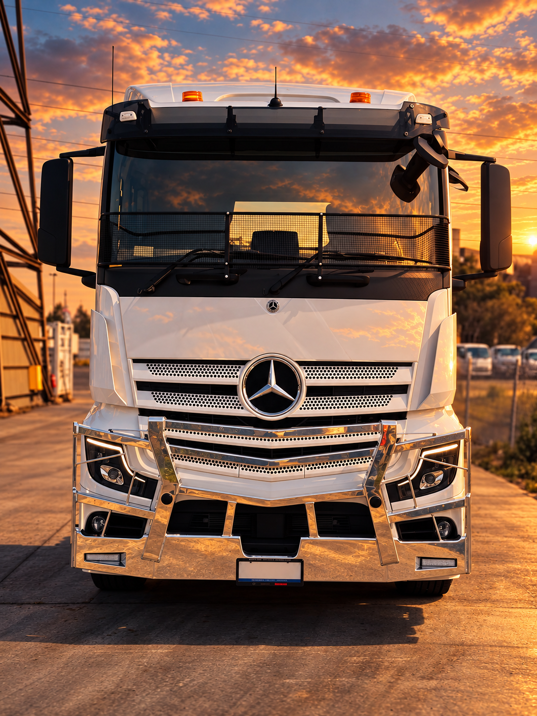 Cinematic front-on view of a white Mercedes truck cab and windscreen.