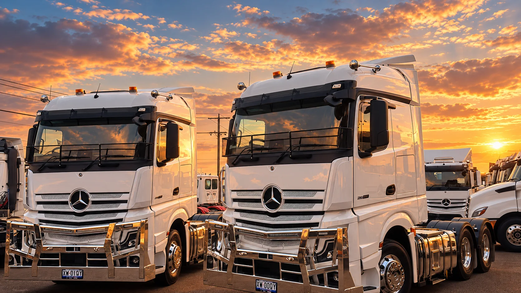 Two of the supplied Mercedes trucks photographed together.